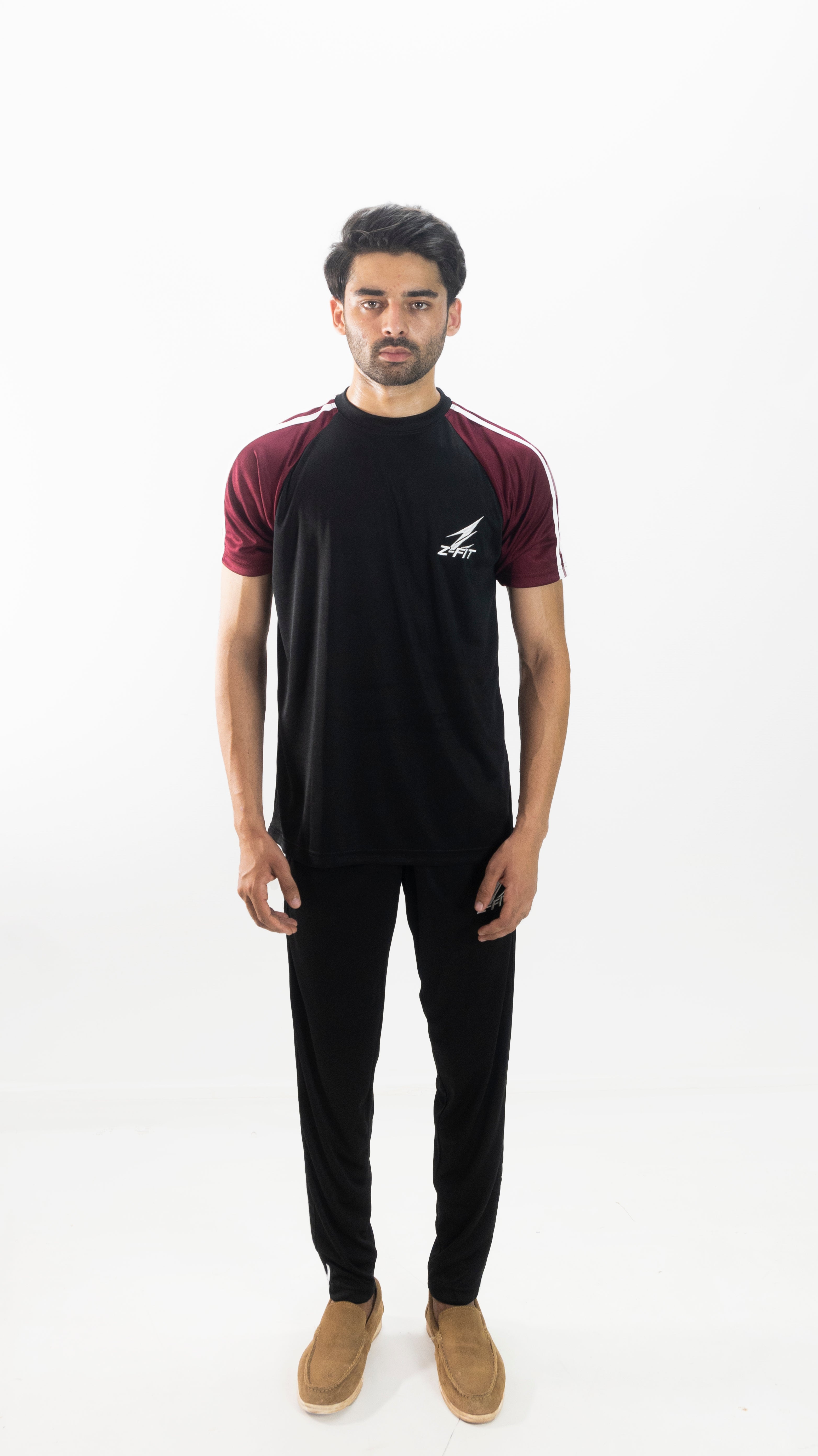 Men's Black & Burgundy Striped Summer Tracksuit Set – Lightweight Breathable Athletic T-Shirt & Joggers