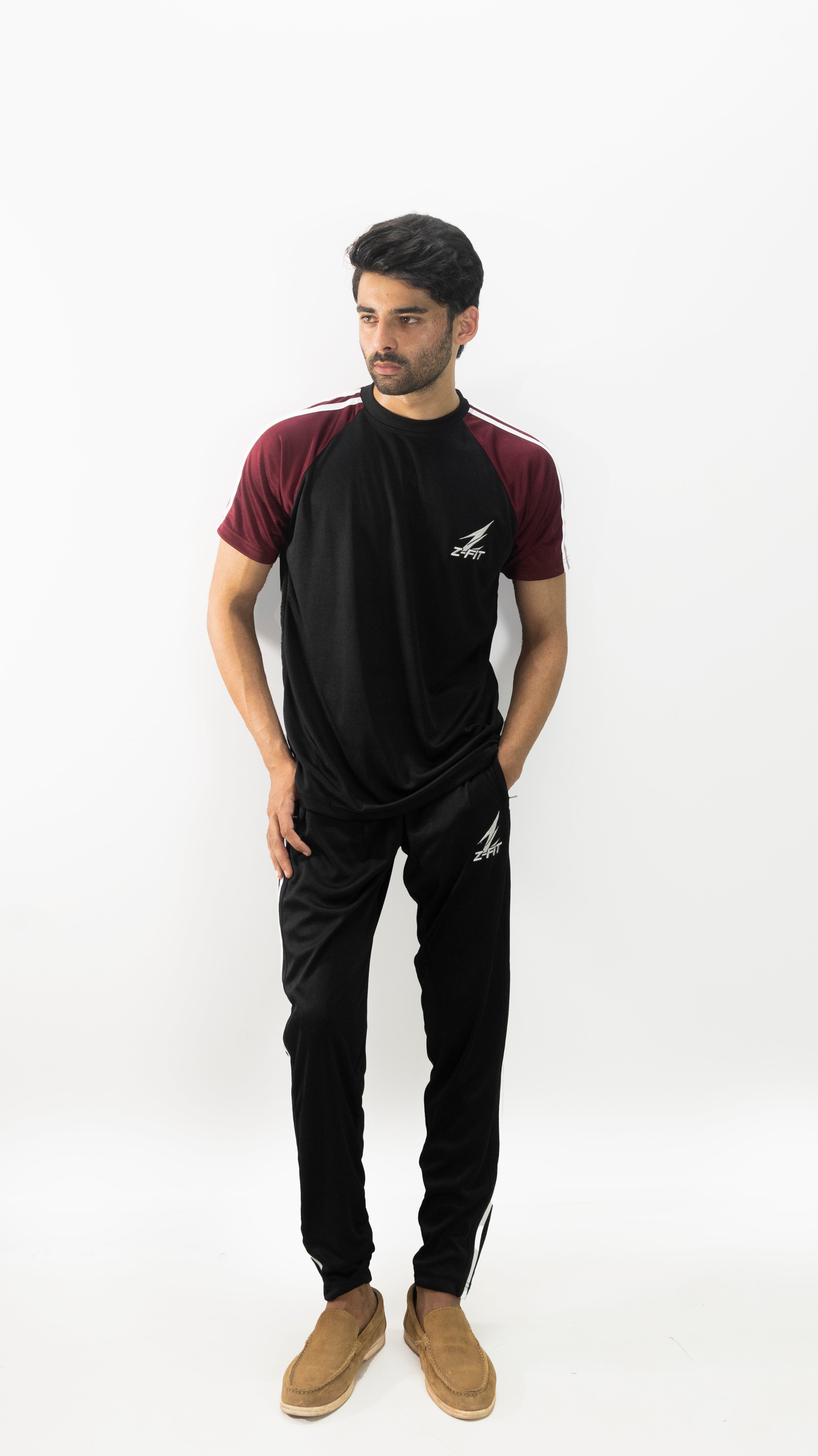 Men's Black & Burgundy Striped Summer Tracksuit Set – Lightweight Breathable Athletic T-Shirt & Joggers