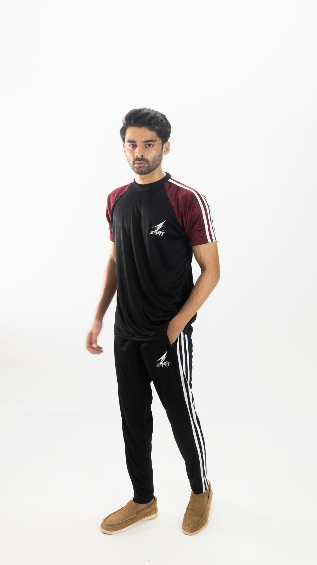 Men's Black & Burgundy Striped Summer Tracksuit Set – Lightweight Breathable Athletic T-Shirt & Joggers