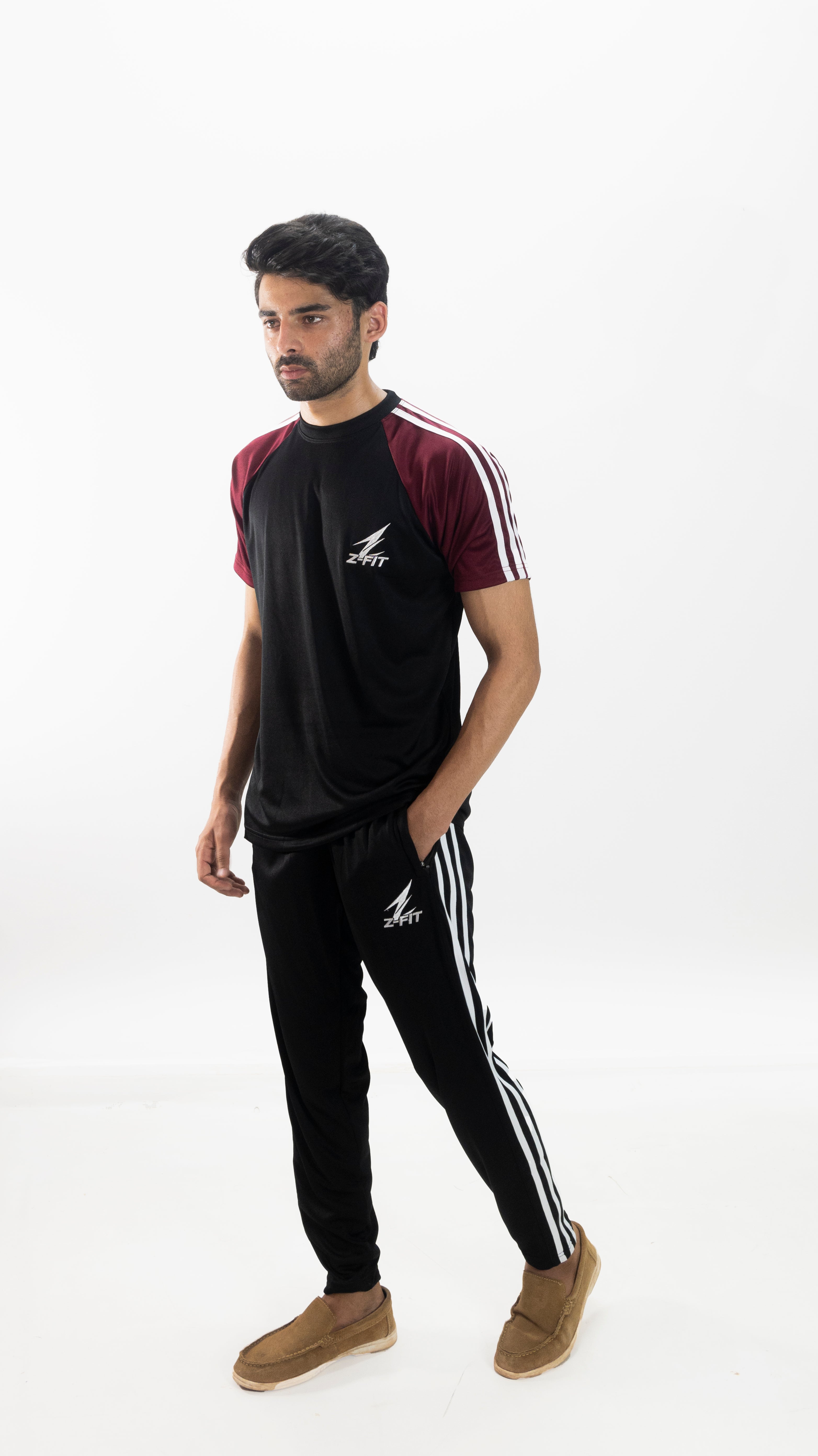Men's Black & Burgundy Striped Summer Tracksuit Set – Lightweight Breathable Athletic T-Shirt & Joggers