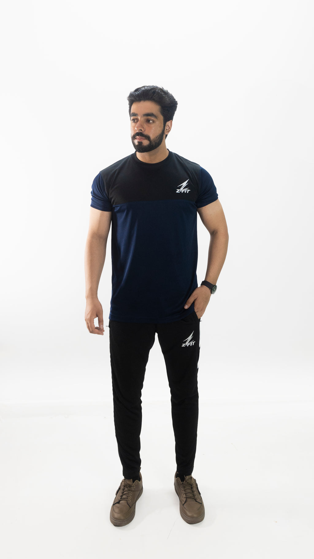 Men's Navy & Black Summer Tracksuit Set – Lightweight Breathable Athletic T-Shirt & Striped Joggers