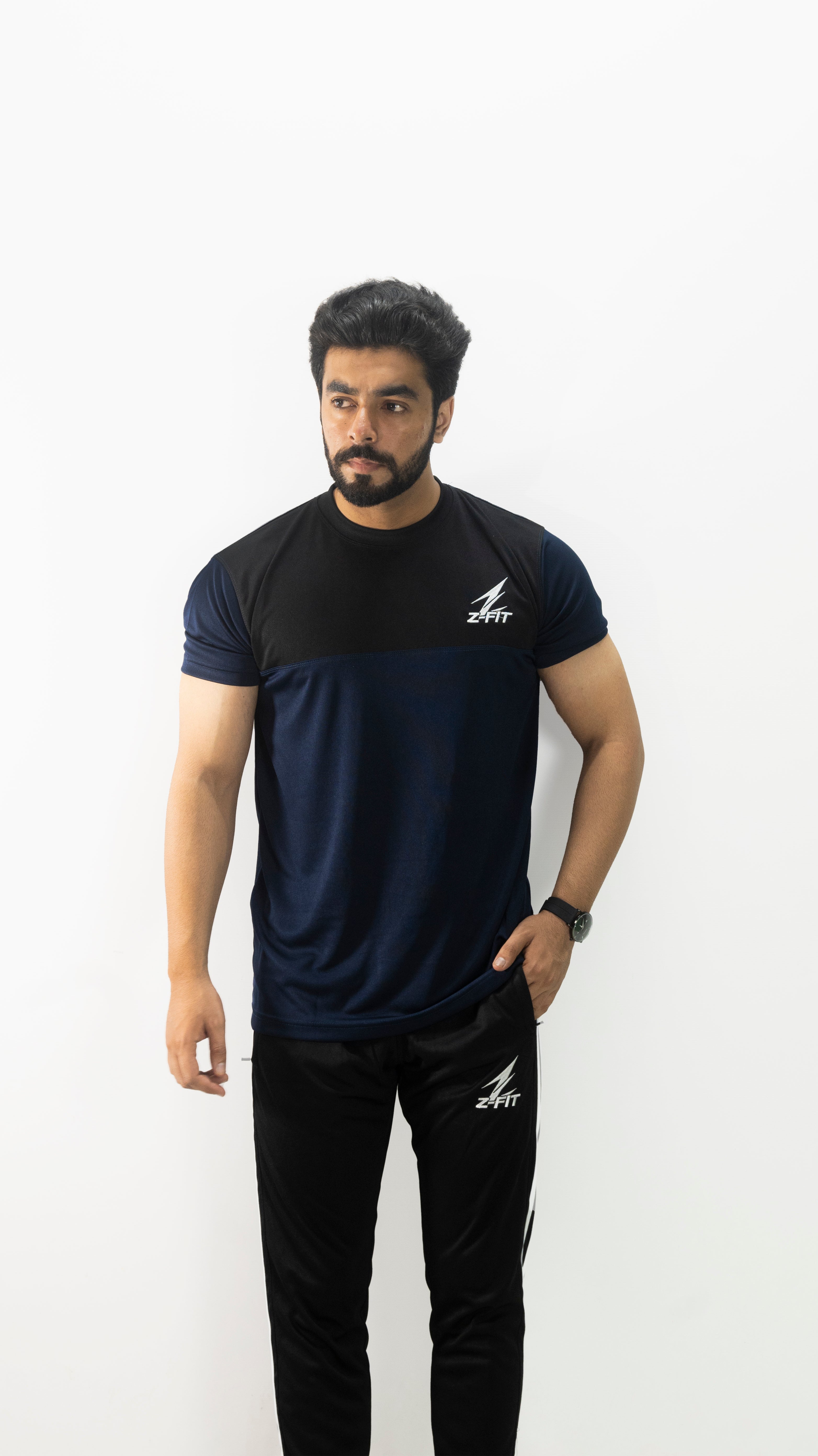 Men's Navy & Black Summer Tracksuit Set – Lightweight Breathable Athletic T-Shirt & Striped Joggers