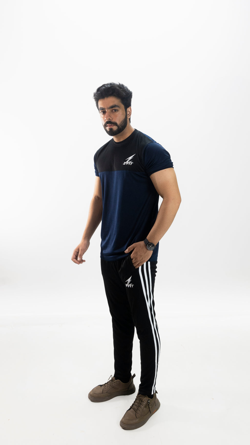 Men's Navy & Black Summer Tracksuit Set – Lightweight Breathable Athletic T-Shirt & Striped Joggers