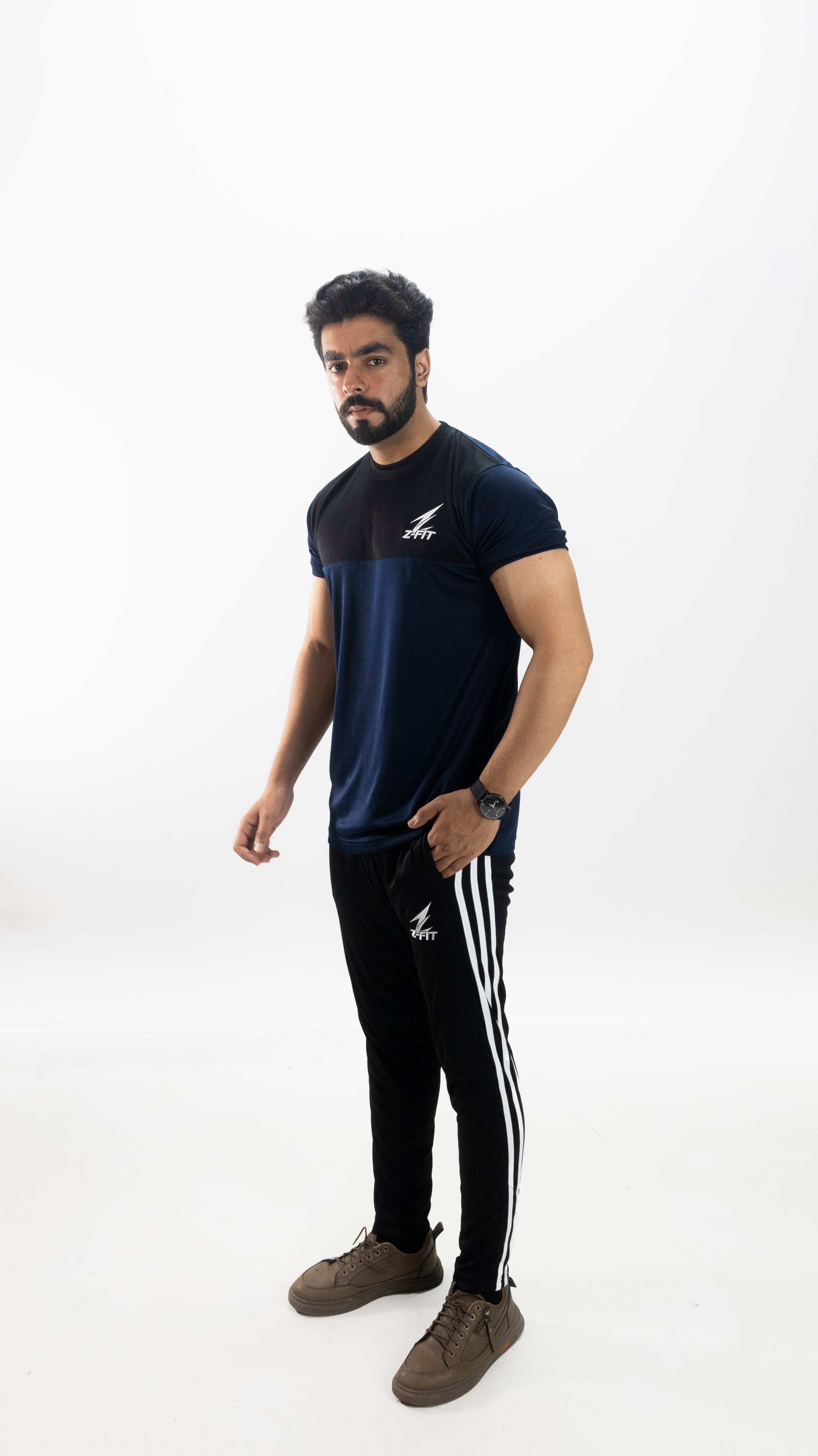 Men's Navy & Black Summer Tracksuit Set – Lightweight Breathable Athletic T-Shirt & Striped Joggers